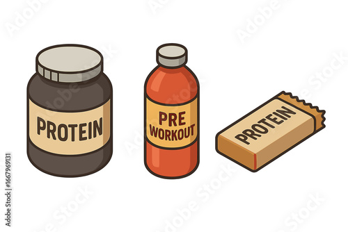 Fitness nutrition supplements icon set. Isometric vector illustration of protein powder, pre-workout drink, and energy bar. Bodybuilding, gym, and workout concept design.