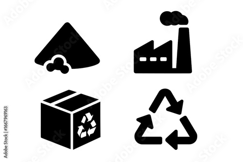 Packaging lifecycle icons vector set, solid filled style. Includes raw material pile, manufacturing plant, recyclable package box, and recycling symbol. Packaging process stages illustration.