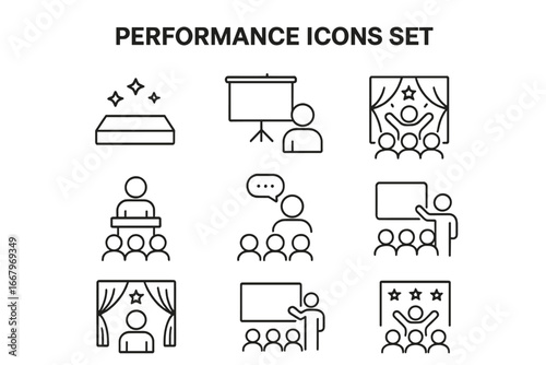 Performance Icons Set, Outline Collection of Performance-Based Assessment, Stage and Platform, Presentation Screen, Theater Performance, Training and Communication Vector Illustration