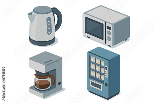 Office breakroom isometric icon set. Kitchen appliances collection: electric kettle, microwave oven, coffee maker, vending machine. Flat vector cartoon for workplace lunch room.