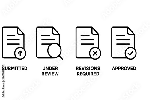 Permit Status Icon Set, Outline Vector Illustration of Document Approval Process Including Submitted, Under Review, Revisions Required, and Approved Stages for Workflow and Business Use