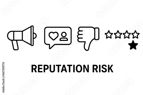 Reputation Risk Icons Vector Set, Outline Style Megaphone, Social Media Feedback, Thumbs Down, Star Rating, Reputational Control, Customer Opinion, Negative Review