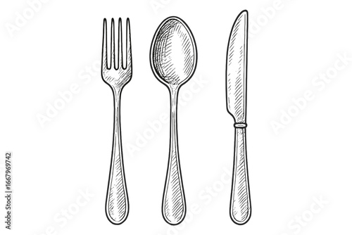 Vintage Ink Silver Cutlery Set, Dinner Meal Utensils Doodle Sketch, Hand-Drawn Fork, Spoon, and Knife Icons, Isolated Vector Illustration for Food and Restaurant Concepts