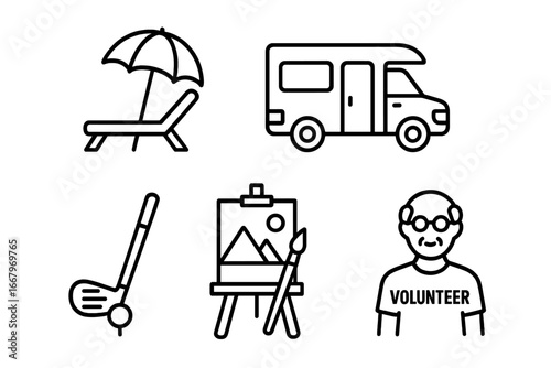Retirement lifestyle icons grid outline set with beach lounger umbrella, RV camper van, golf club and ball, painting easel with brush, volunteer senior man vector illustration transparent