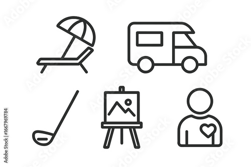 Retirement lifestyle icons set with outline style, including beach lounger with umbrella, RV camper van, golf club, art easel painting, and volunteer person symbol, vector illustration