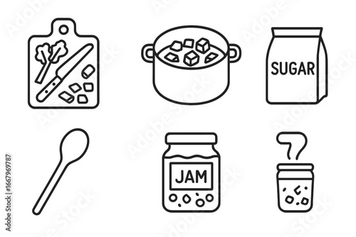 Rhubarb Jam Preparation Icon Set, Outline Vector Symbols with Chopping Board, Knife, Cooking Pot, Sugar Bag, Wooden Spoon, Mason Jar, Homemade Preserving and Cooking Elements