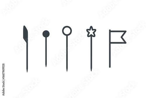 Skewers and Picks Icons Set, Flat Vector Illustration of Bamboo Skewer, Cocktail Pick, Metal Stirrer, Decorative Toothpick, Flag Pick for Food and Drink Presentation