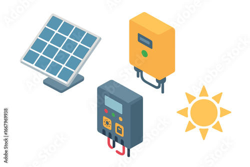 Isometric Flat Solar Energy Icon Set with Photovoltaic Panel, Solar Inverter, Charge Controller Vector Illustration for Renewable Power Design