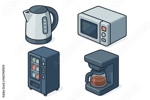 Isometric Office Breakroom Icons Set with Electric Kettle, Microwave, Vending Machine, Coffee Maker, and Kitchen Appliances, Flat Vector Cartoon Illustration for Workplace Design