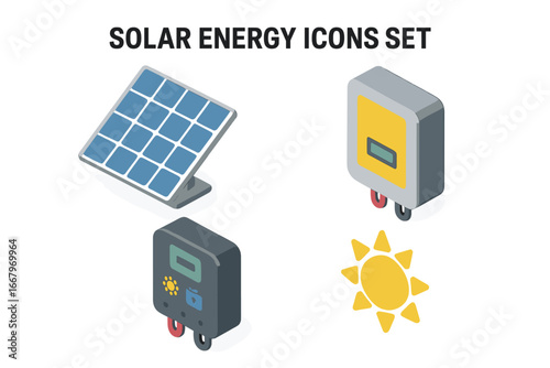 Isometric Solar Energy Icons Set with Photovoltaic Panel, Solar Inverter, Charge Controller, and Sun Symbol – Clean Renewable Power Vector Illustration