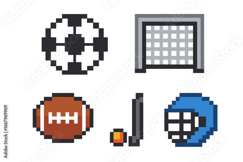 Pixel Art Sports Icon Grid Featuring Soccer Ball, Goal Post, Rugby Ball, Field Hockey Stick, and Lacrosse Helmet Vector Illustration, Team Field Sports Symbols