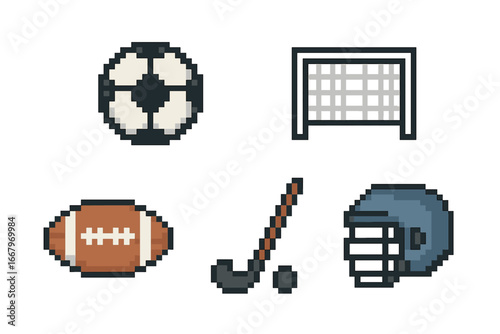 Pixel Art Sports Icon Grid Featuring Team Field Sports Soccer Ball, Goal Post, Rugby Ball, Field Hockey Stick, Lacrosse Helmet in Vector Illustration