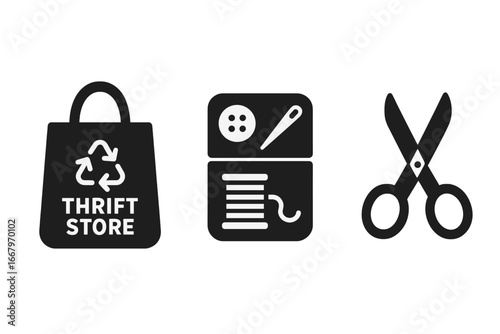 Sustainable fashion glyph icon set. Thrift store bag, second hand shopping. Slow fashion, circular economy concept. Clothing repair, mending kit with needle, thread, scissors.