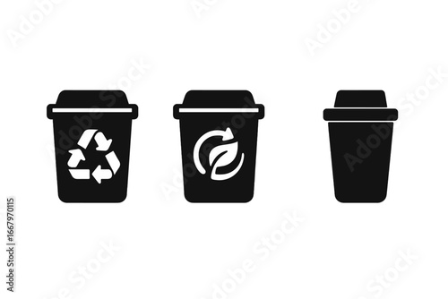 Sustainable festival practices icon set. Recycling bin, compost bin, and reusable cup symbols. Eco friendly waste management and zero waste event concept vector illustration.