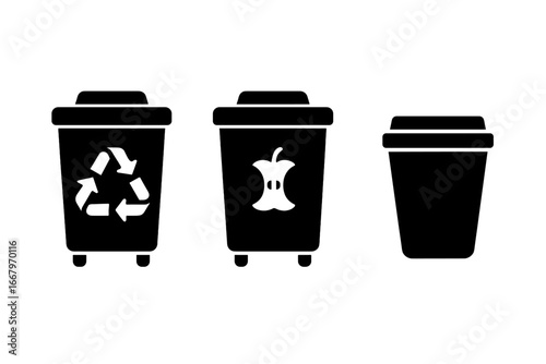 Sustainable festival solid icons. Vector set for eco-friendly events. Recycling bin, compost container, reusable cup symbols for waste sorting. Zero waste ecology concept.