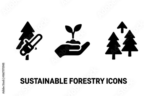 Sustainable forestry solid icon set. Vector symbols for selective logging, replanting, and tree growth. Forest management, reforestation, and environmental conservation concept.