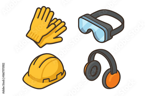 PPE Icon Set Isometric Flat Safety Gear Icons Including Gloves, Safety Goggles, Hard Hat, Ear Muffs, Personal Protective Equipment Vector Cartoon Illustration