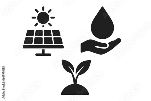 Sustainable icon set with solar panel for renewable energy, a hand conserving water, and a plant for organic growth. Vector symbols for ecology, environment and green power.