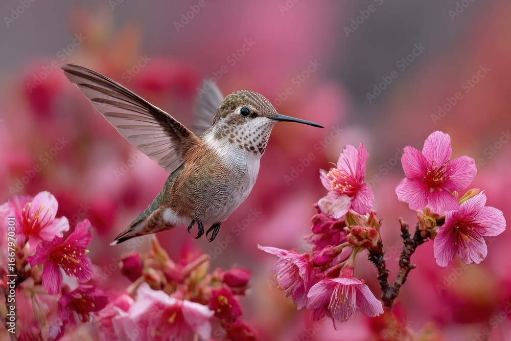 Fototapeta premium A hummingbird hovering near pink cherry blossoms with its wings spread in a blurred background