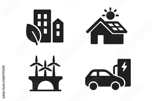 Sustainable infrastructure icon set. Green building, solar panel roof, and wind turbine energy. Electric car at charging station. Renewable power and eco friendly city concept.