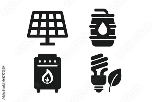 Sustainable living solid icon set. Eco friendly concept with solar panel, water barrel, bio stove, and energy saving lightbulb. Green energy and conservation vector glyphs.