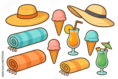Summer beach essentials with wide-brim hats, colorful beach towels, ice cream cones, and tropical cocktails in playful vector cartoon style illustration