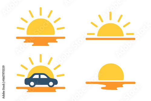 Vibrant flat vector icons of sunrise and sunset moments, including rising sun, setting sun, horizon line, car silhouette, colorful morning and evening sky illustrations on transparent background