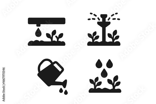 Sustainable irrigation solid icon set. Drip system, sprinkler, watering can vector graphics. Agriculture, eco farming, gardening, and water conservation concept illustration.