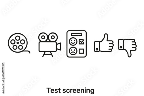 Test screening icons outline set, film reel, movie projector, audience feedback form, thumbs up and thumbs down symbols, cinema review concept, vector illustration transparent