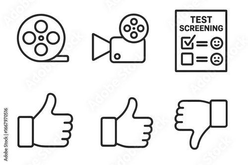 Test screening icons outline set including film reel, movie projector, feedback form with checkboxes, thumbs up and thumbs down symbols, vector illustration transparent background