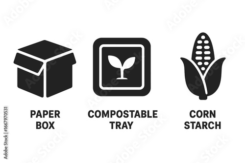 Sustainable packaging icon set. Eco-friendly alternatives like paper box, compostable tray, cornstarch. Biodegradable, recyclable, zero waste, plastic free vector symbols.