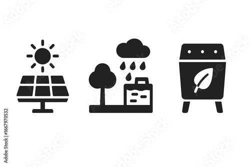 Sustainable icon set with solar panel, rainwater harvesting, and compost bin. Eco friendly vector glyph icons for green energy, water conservation, and waste management.