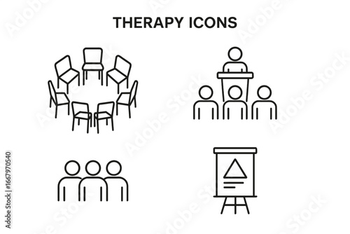Therapy icons grid outline set with group therapy circle of chairs, facilitator podium, group people icon, flipchart easel vector illustration transparent background