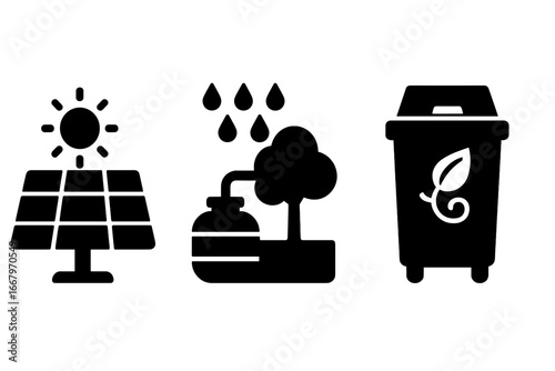 Sustainable park icon set. Solid glyphs collection. Eco-friendly city elements like solar panel, rainwater harvesting, compost bin. Green energy, conservation, recycling concept.