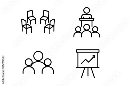 Therapy icons grid set with outline style, group therapy circle of chairs, facilitator podium, group discussion symbol, flipchart easel presentation vector illustration transparent