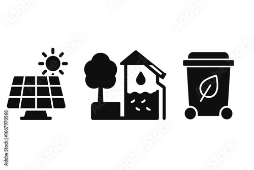 Sustainable living vector icon set. Solid glyph icons for ecology concepts like solar panel, rainwater harvesting, compost bin, and recycling. Green energy and conservation.