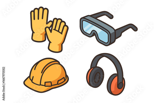 Isometric PPE Icon Set with Safety Gloves, Protective Goggles, Hard Hat, and Ear Muffs, Flat Vector Cartoon Illustration of Personal Protective Equipment for Workplace Safety