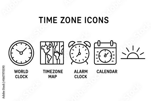 Time Zone Icons Outline Set for Time Management and Global Clocks, World Clock, Timezone Map, Alarm Clock, Calendar with Time Zones, Sunrise Illustration, Vector Graphic
