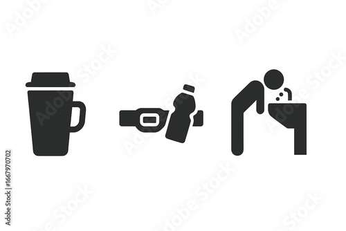 Travel Hydration Gear Icons, Solid Filled Vector Set of Essential Water Travel Items Including Travel Mug, Hydration Belt, and Public Water Fountain Illustration