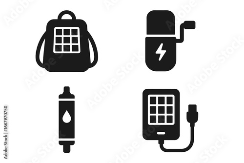 Sustainable tech solid glyph icon set. Off-grid survival and emergency preparedness gear. Solar panel backpack, kinetic dynamo charger, water filter straw, portable power bank.