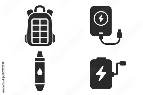 Sustainable tech glyph icon set. Eco-friendly gadgets for survival, camping. Solar panel backpack, kinetic hand-crank charger, water purifier straw, power bank vector icons.