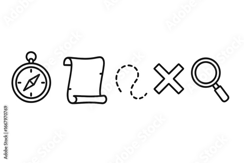 Treasure map icons set with compass, rolled parchment, dotted path, X mark, and magnifying glass outline symbols for adventure, exploration, and discovery navigation