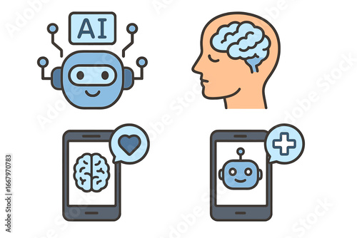 AI in mental health icon set. Chatbot for therapy and psychology support. Brain, mind and technology concept. Vector illustration for digital healthcare and mobile wellness app.