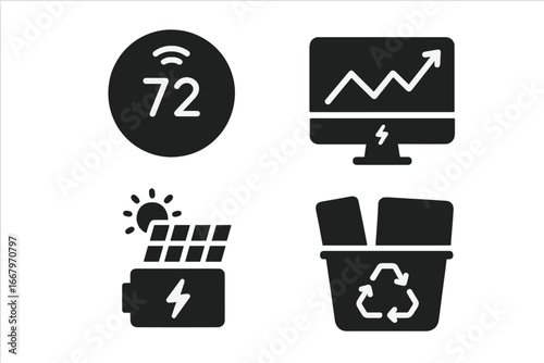 Sustainable technology solid icon set. Green tech vector glyphs for smart thermostat, energy monitor, solar panel battery, and e-waste recycling illustration concept.
