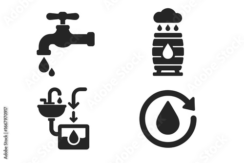 Sustainable water conservation icon set. Vector glyphs for saving water, low-flow faucet, rainwater harvesting barrel, and greywater recycling system. Eco friendly concept.