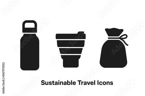 Sustainable travel icons collection. Solid filled vector icon set of eco friendly items. Metal water bottle, collapsible cup, fabric pouch. Zero waste, green tourism concept.