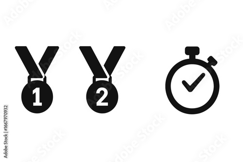 Competition awards icon set. Medals for first and second place. Stopwatch timer symbol. Winner prize concept for sport, race, or championship. Vector graphic illustration.