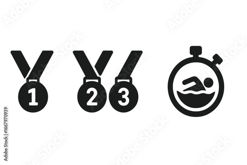 Swimming competition icon set. Medals for first, second, third place. Gold, silver, bronze awards. Stopwatch with swimmer symbol. Water sport championship race concept.