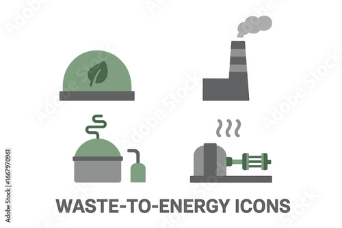 Waste-to-Energy Icons Set, Flat Vector Illustrations of Biogas Plant, Incinerator Chimney, Anaerobic Digester Tank, and Steam Turbine for Renewable Energy Concept