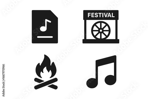 Wagon Wheel Festival Icons, Solid Filled Vector Set Featuring Wagon Wheel, Song, Festival Stage, Sheet Music, Campfire, and Music Symbols, Transparent Background